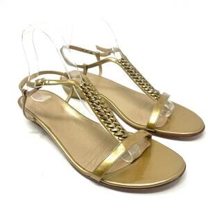 Stuart Weitzman Braided Metallic Gold Chain Low Wedge Strap Sandals Women's 9.5